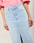 Toxik3 jupe crayon longue denim fendue incrustations strass