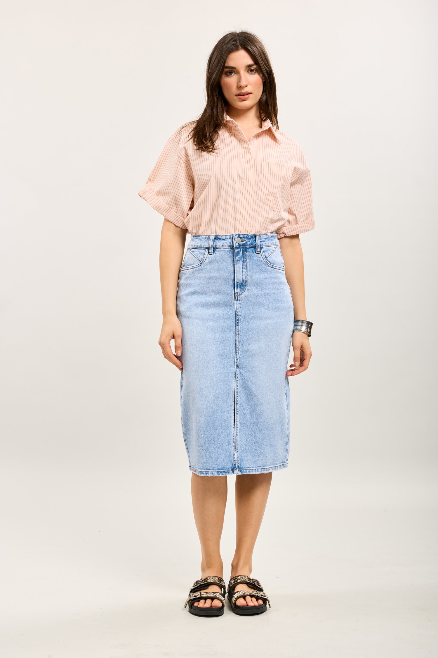 Toxik3 mid-length denim pencil skirt with slit