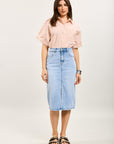 Toxik3 mid-length denim pencil skirt with slit