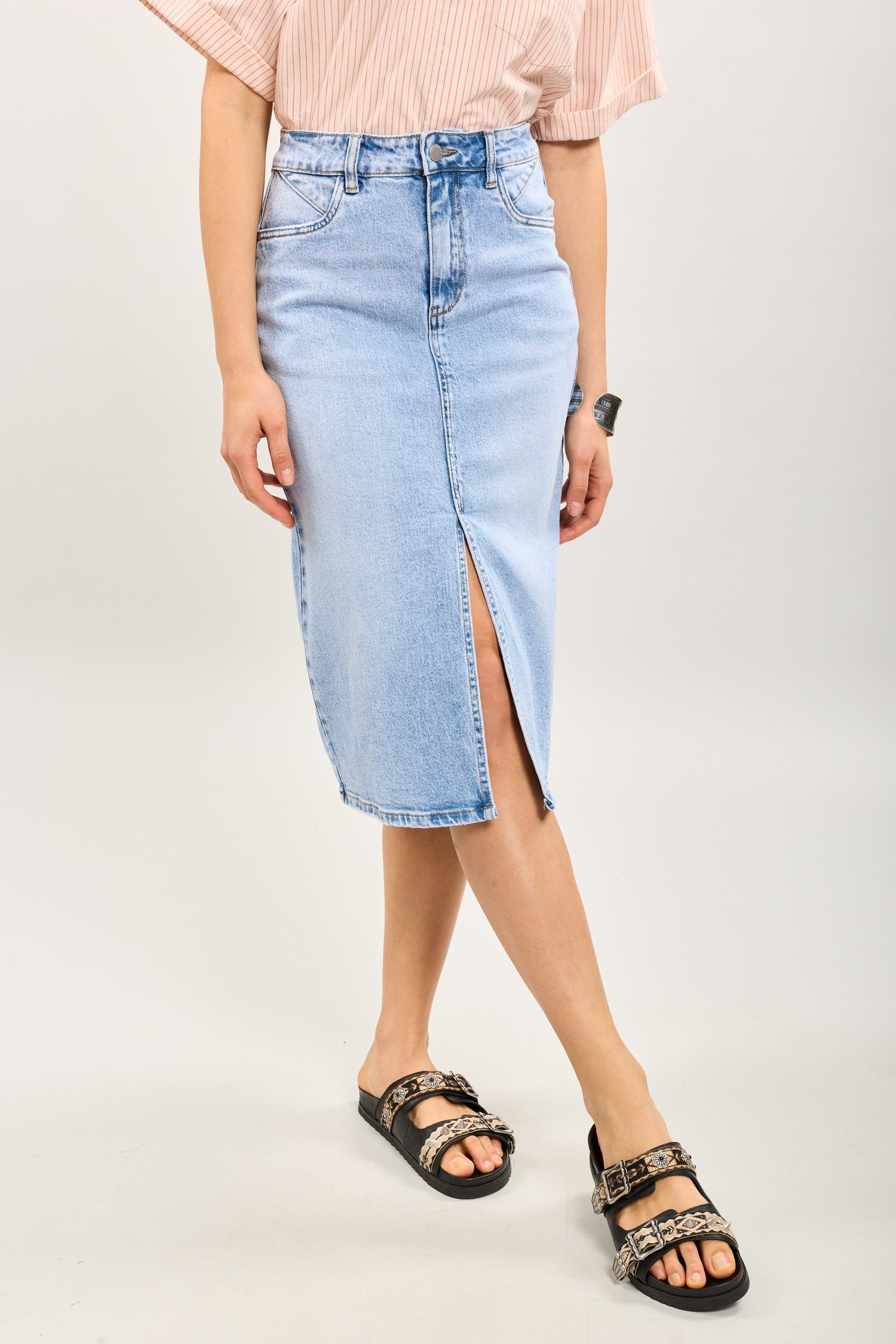 Toxik3 mid-length denim pencil skirt with slit