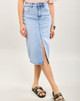 Toxik3 mid-length denim pencil skirt with slit