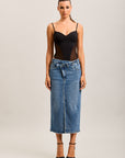 Toxik3 mittellanger, geschlitzter Denim-Bleistiftrock mit asymmetrischer Konstruktion