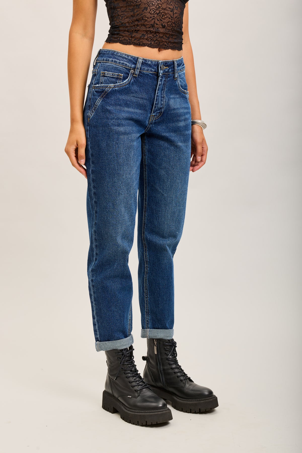 Toxik3 pantalon jean mom cropped denim stretch ourlet