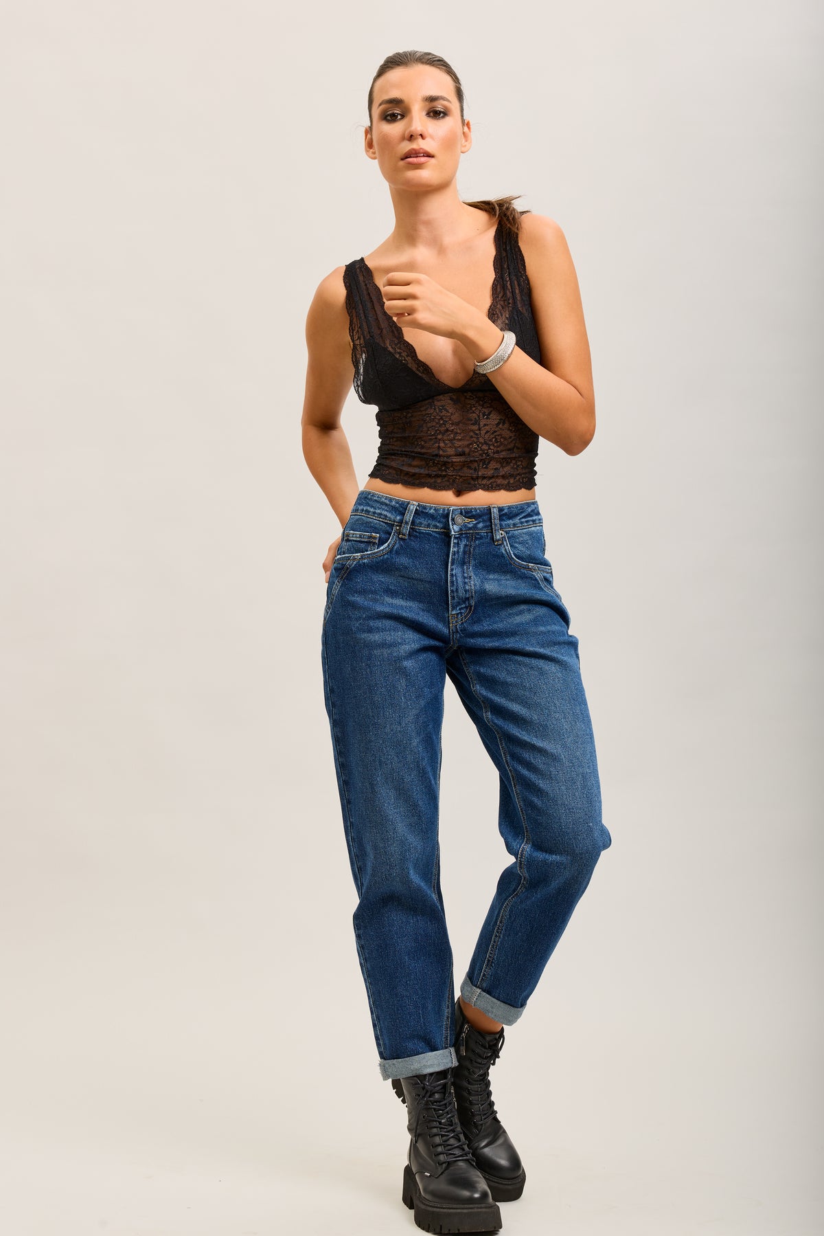 Toxik3 pantalon jean mom cropped denim stretch ourlet