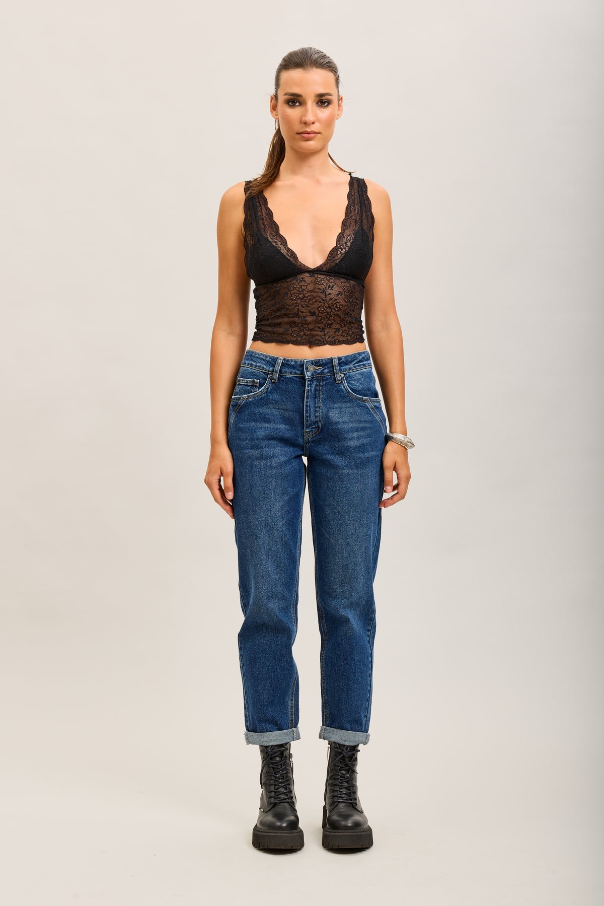 Toxik3 pantalon jean mom cropped denim stretch ourlet