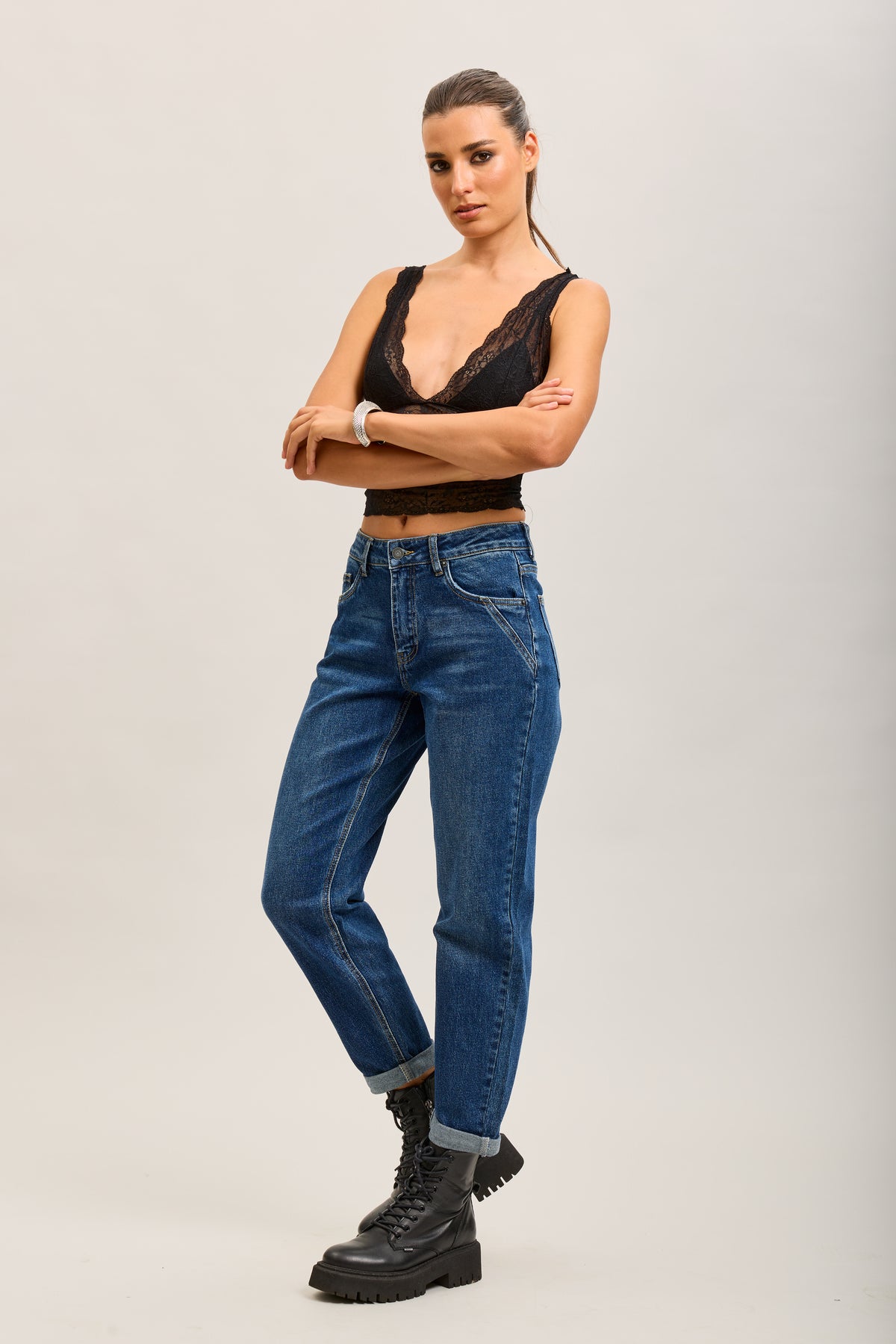 Toxik3 pantalon jean mom cropped denim stretch ourlet