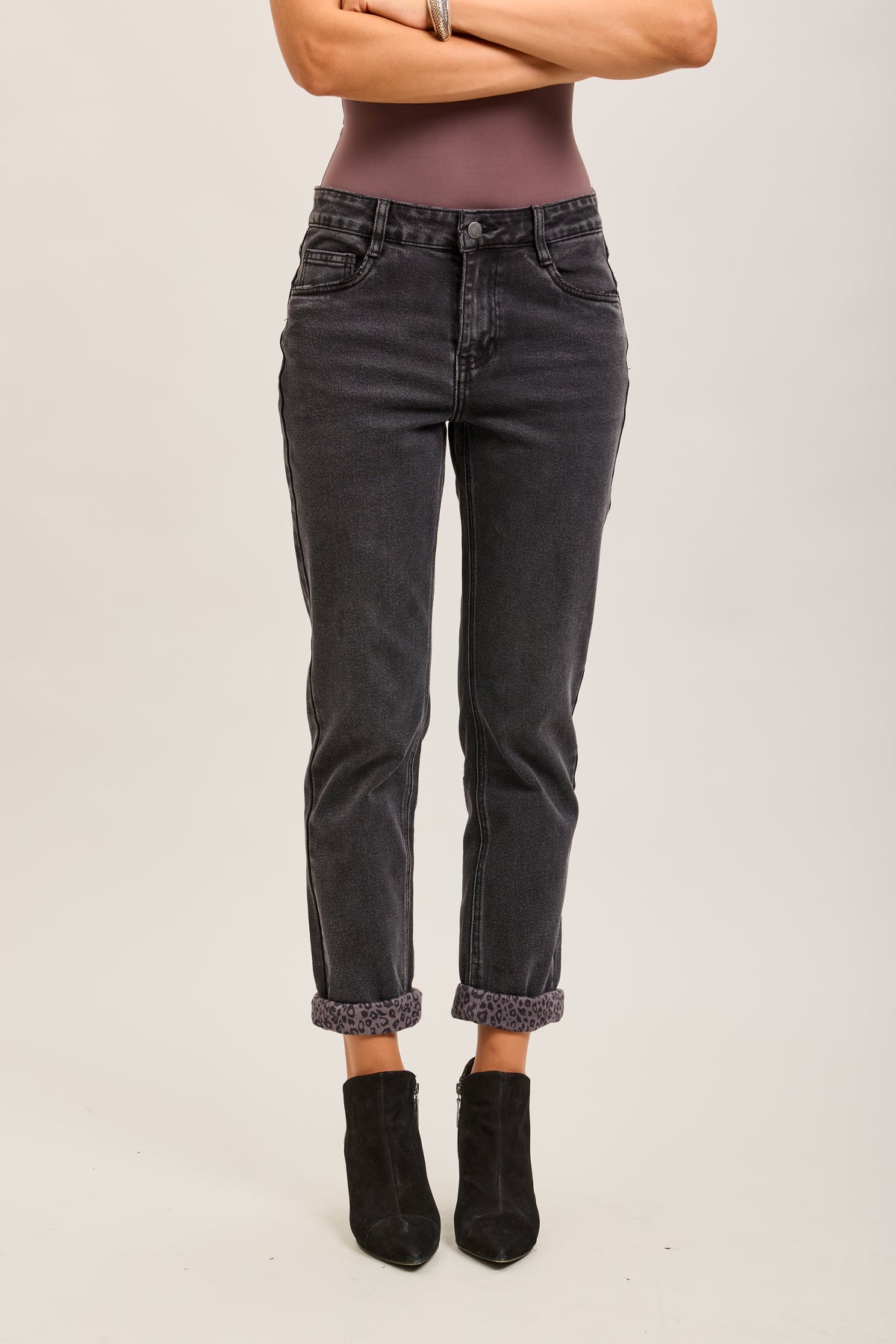 Toxik3 pantalon jean mom cropped denim stretch ourlet léopard