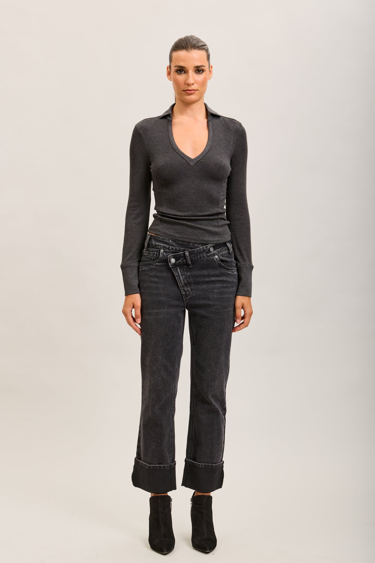 Toxik3 pantalon jean droit cropped denim stretch revers