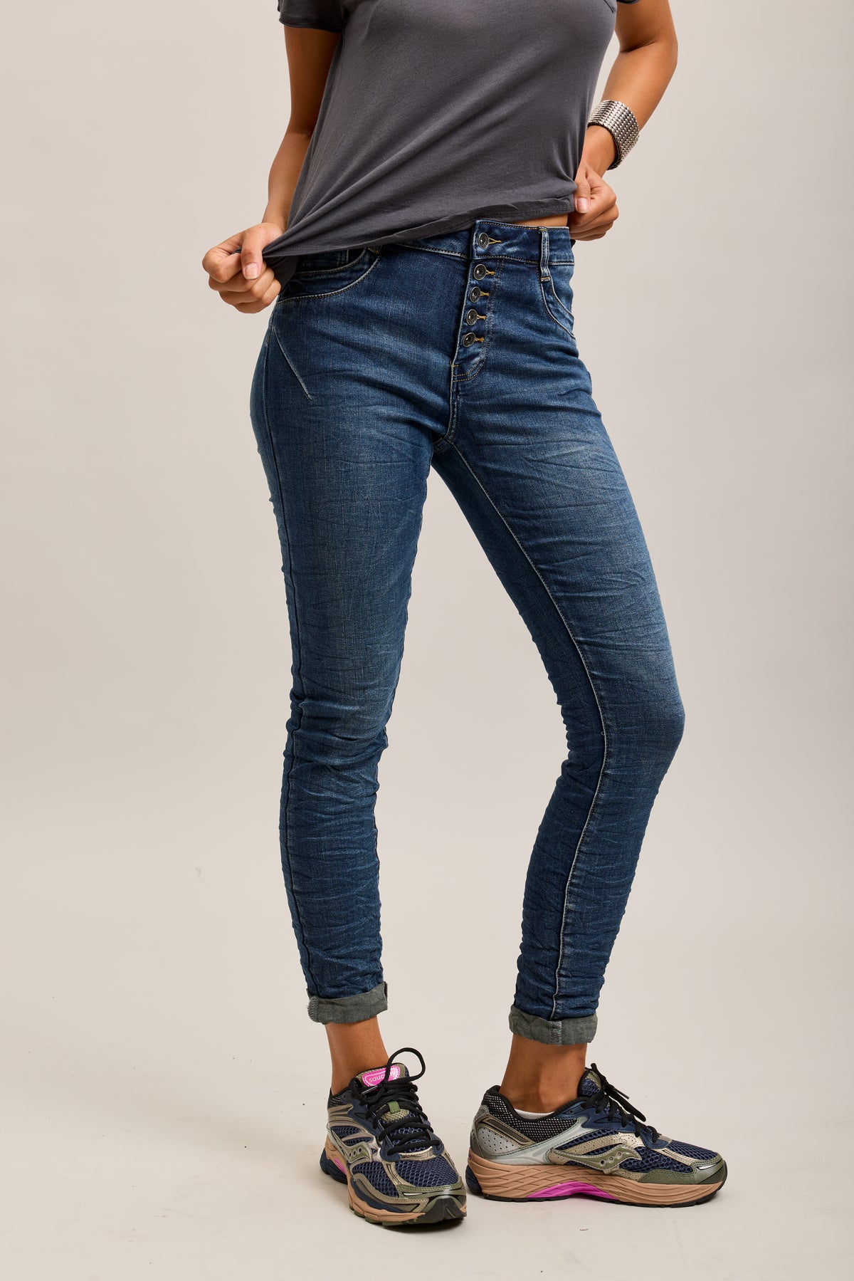 Toxik3 super stretch wrinkled slim denim jean pants with cuffed buttons