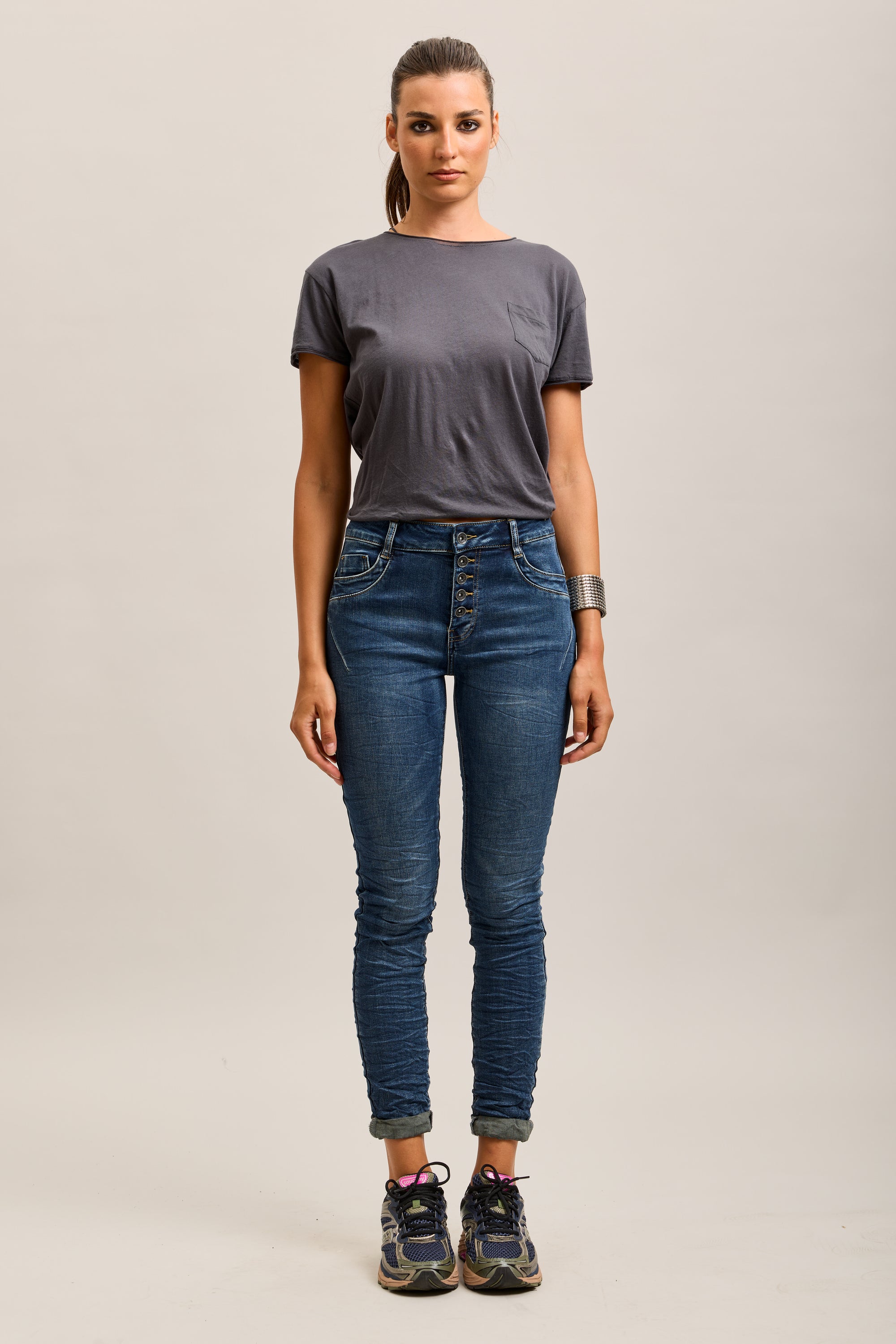 Toxik3 super stretch wrinkled slim denim jean pants with cuffed buttons