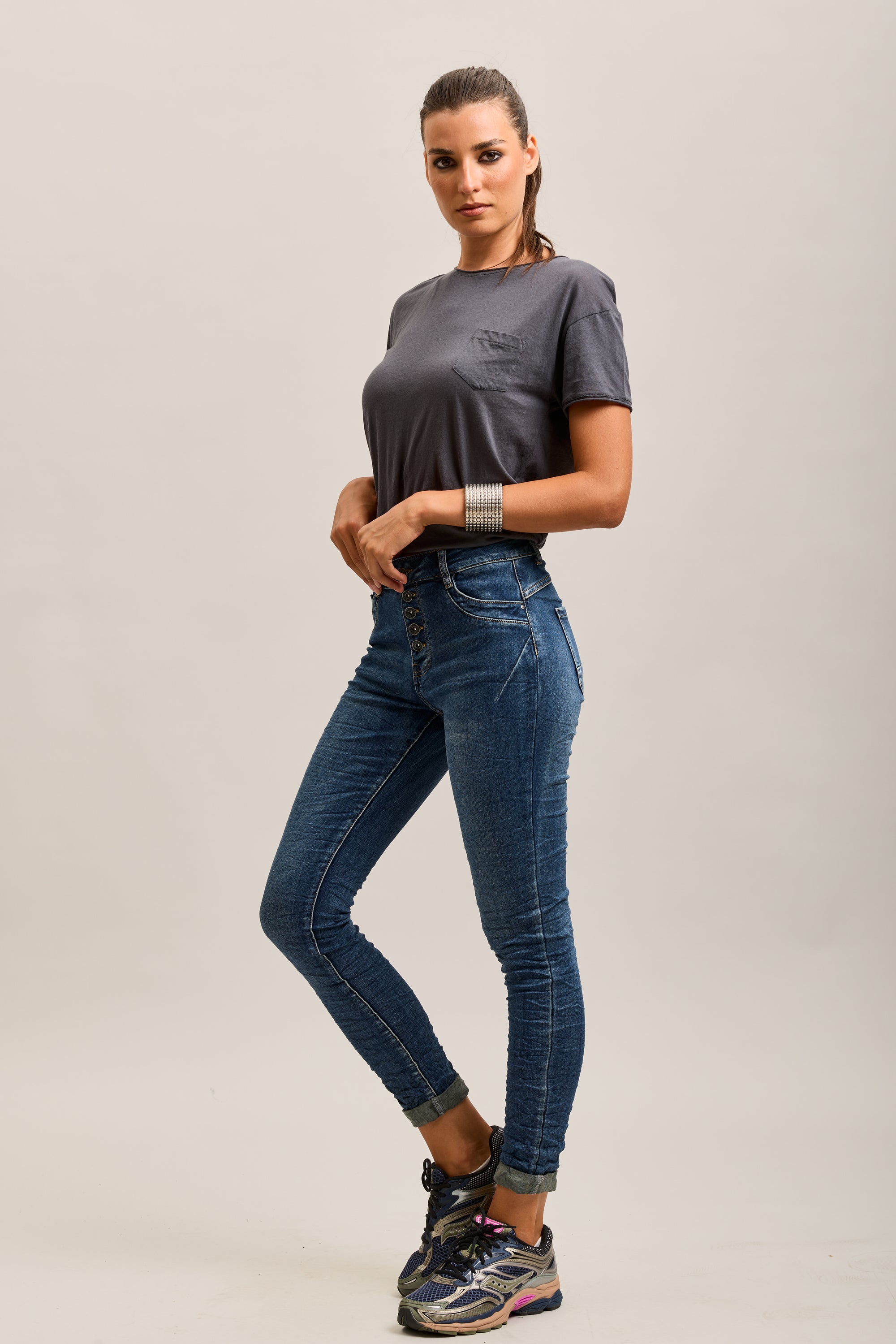 Toxik3 super stretch wrinkled slim denim jean pants with cuffed buttons