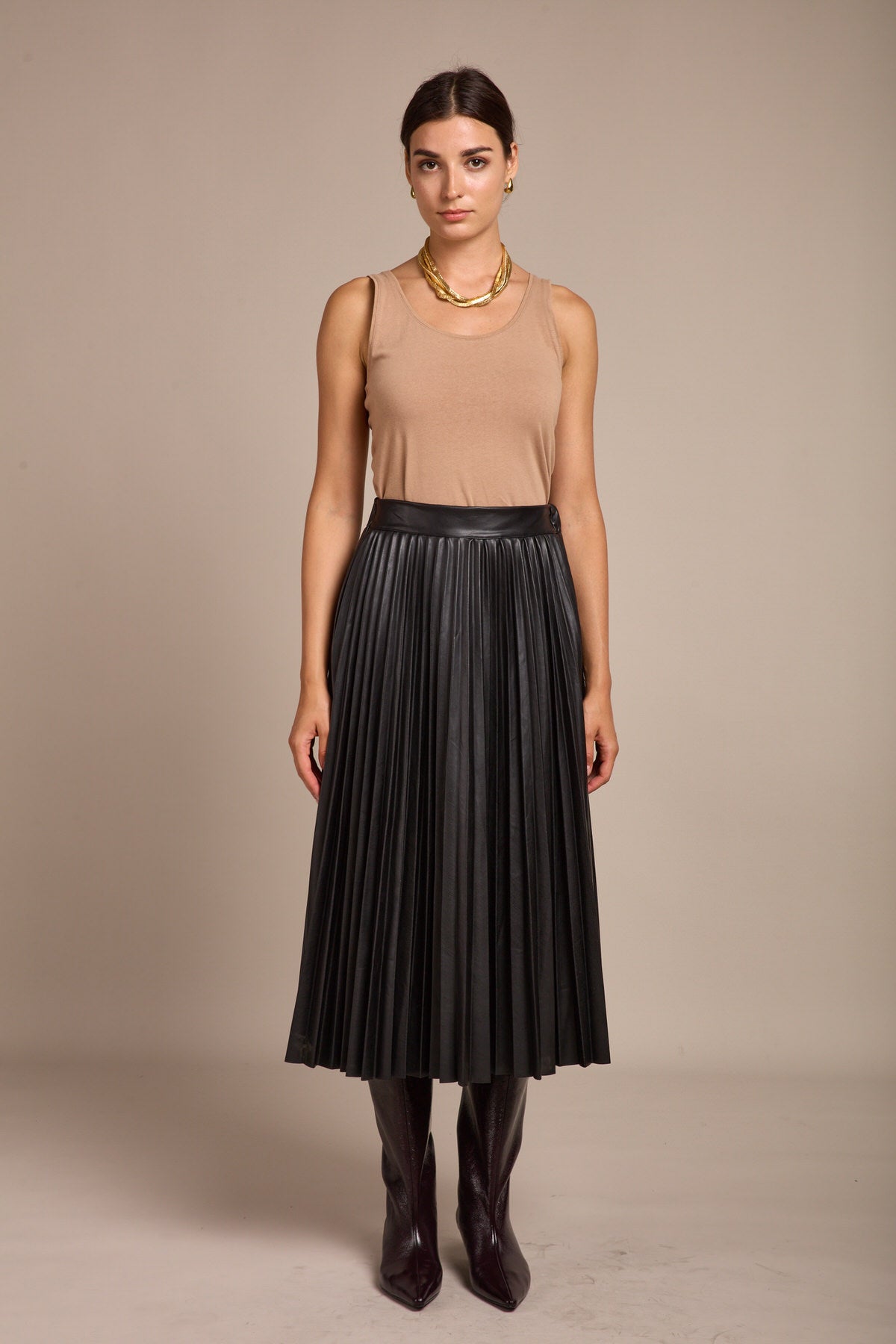 TOXIK3 Falten Midi -Rock hohe Leder mit hohem Leder