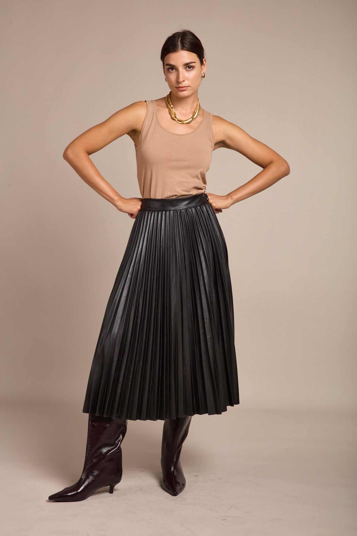 TOXIK3 Falten Midi -Rock hohe Leder mit hohem Leder