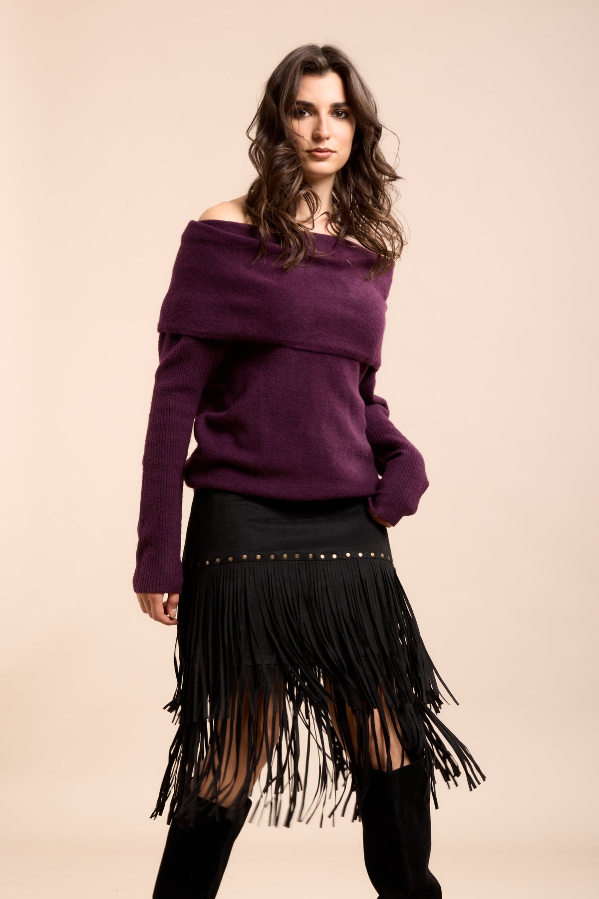 Jupe à frange suédine - Moka