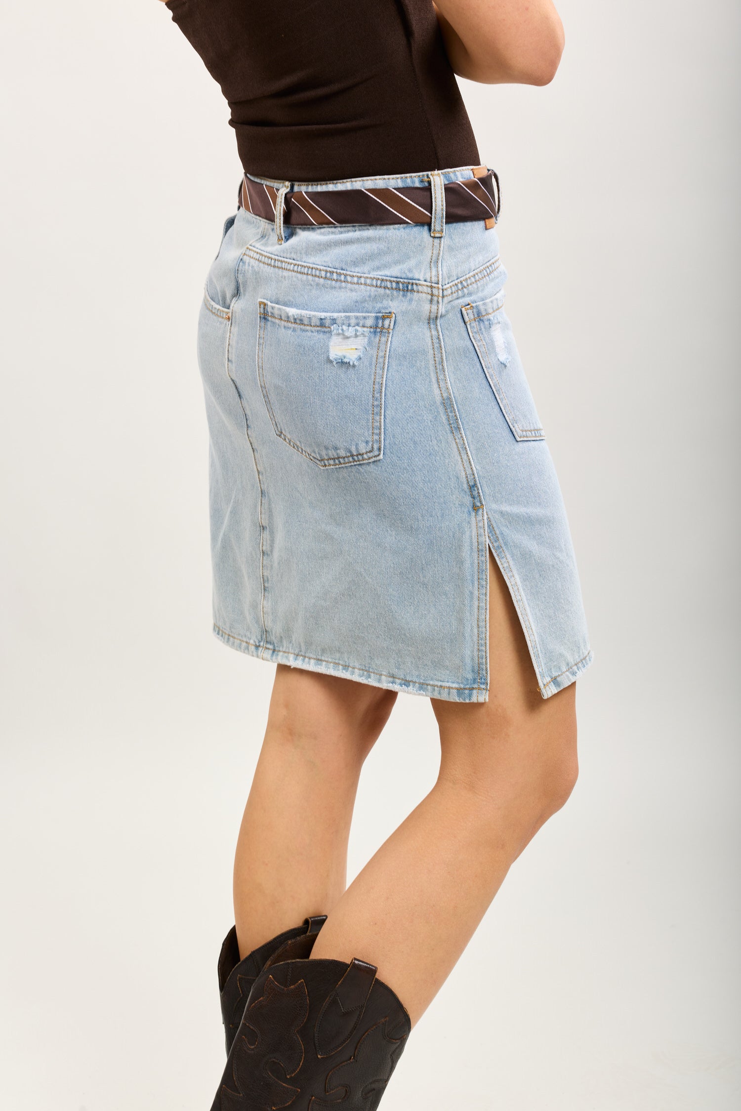 Toxik3 mid-length slit denim pencil skirt asymmetrical construction
