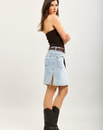 Toxik3 mid-length slit denim pencil skirt asymmetrical construction