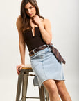 Toxik3 mid-length slit denim pencil skirt asymmetrical construction