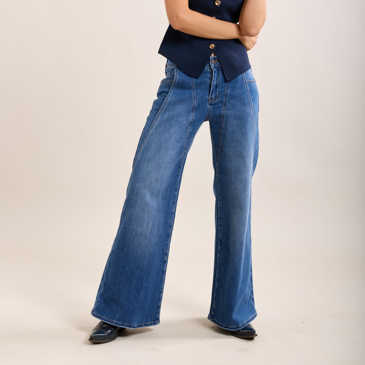 Toxik3 pantalon jean stretch wide leg coutures western