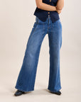 Toxik3 pantalon jean stretch wide leg coutures western