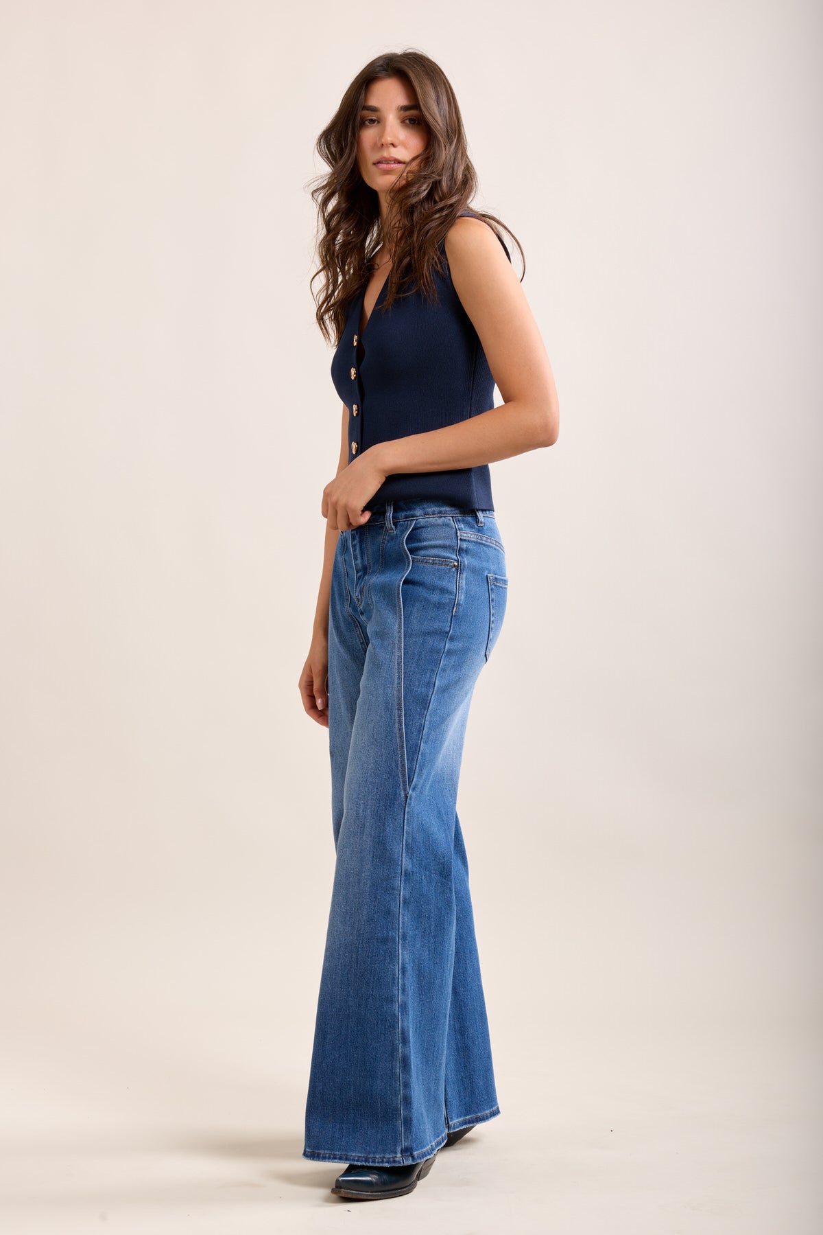 Toxik3 pantalon jean stretch wide leg coutures western