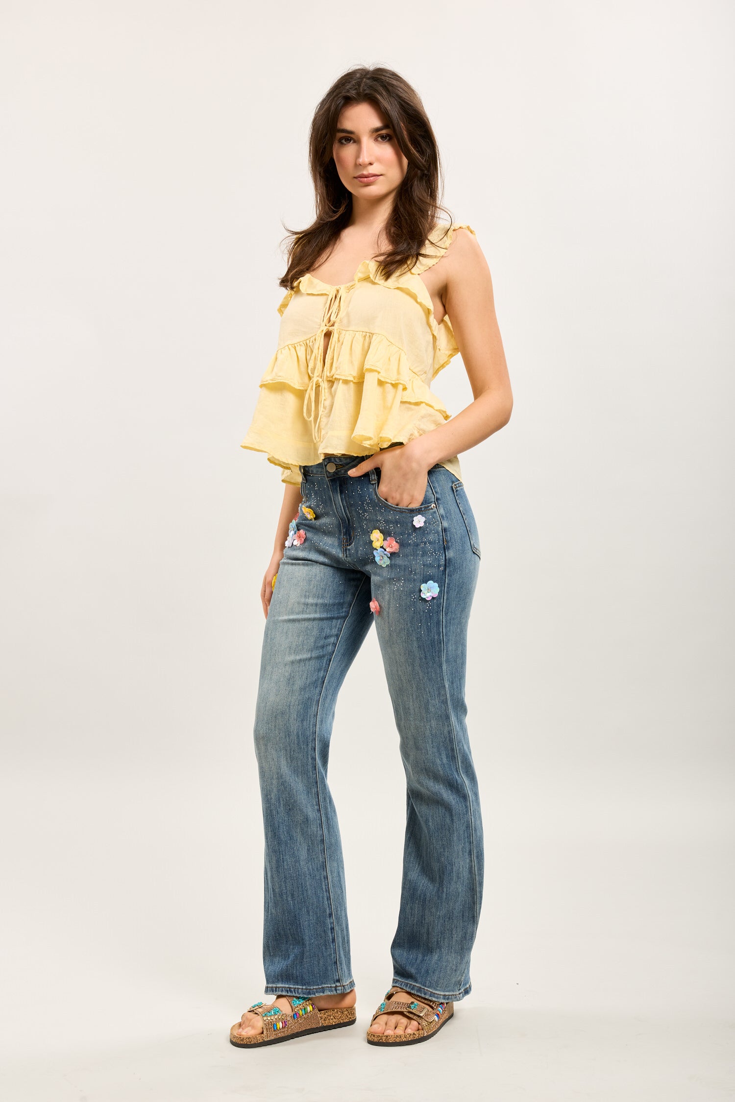 Toxik3 straight stretch denim pants with flower decorations