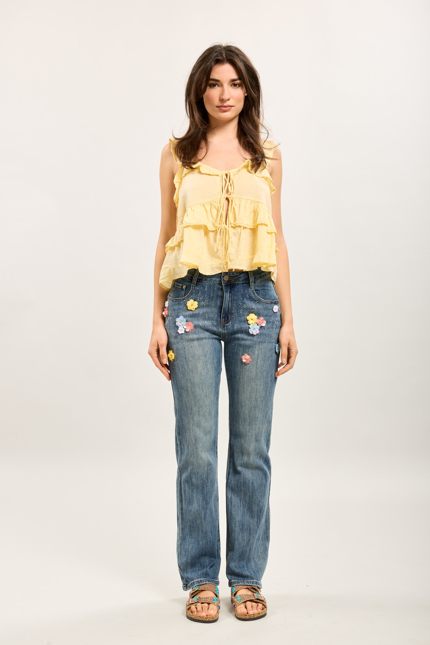 Toxik3 straight stretch denim pants with flower decorations