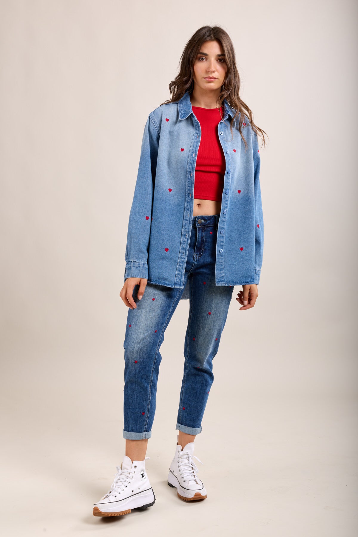 Toxik3 chemise en jean motifs brodés coeur