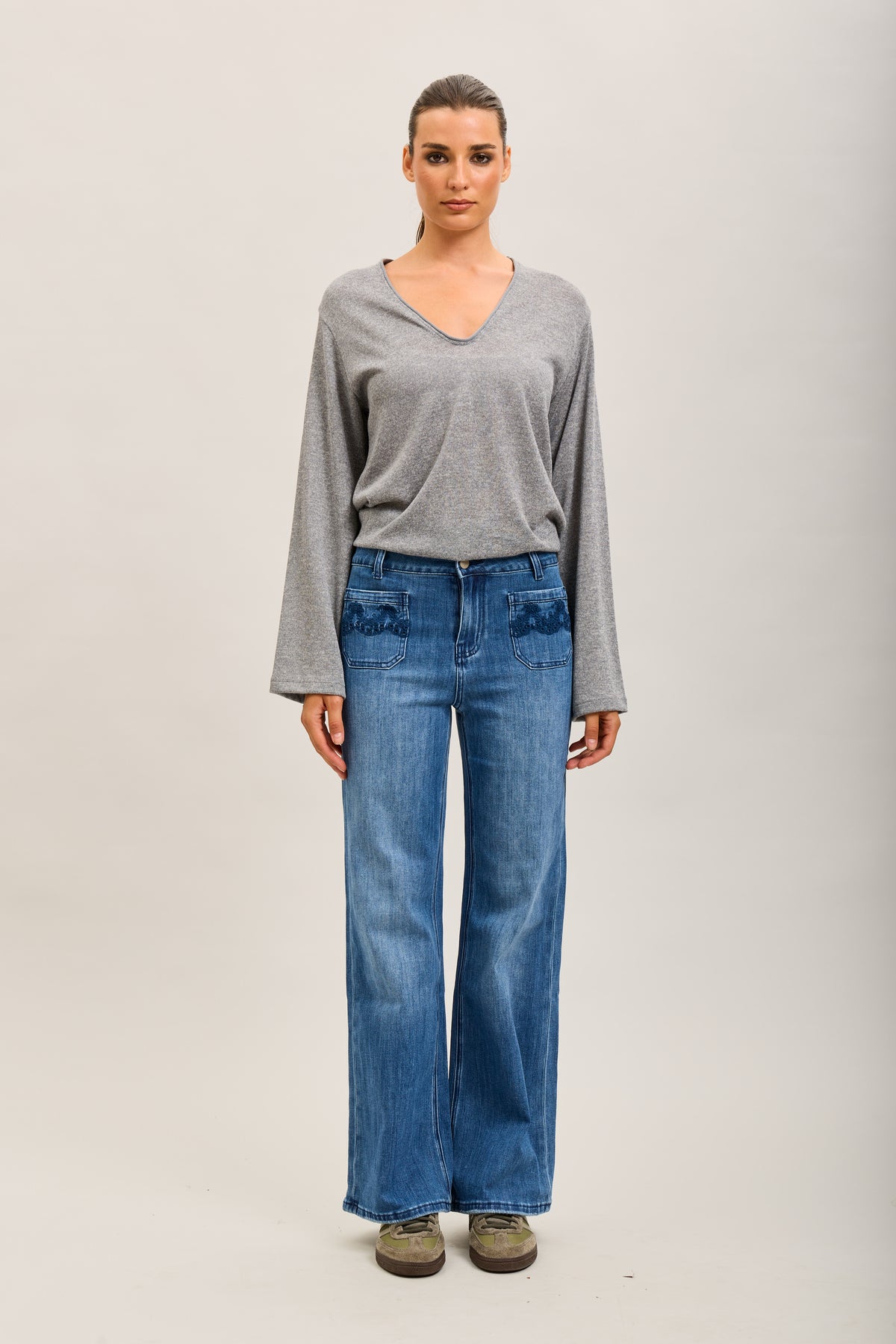 Toxik3 pantalon jean wide poches plaquées brodées