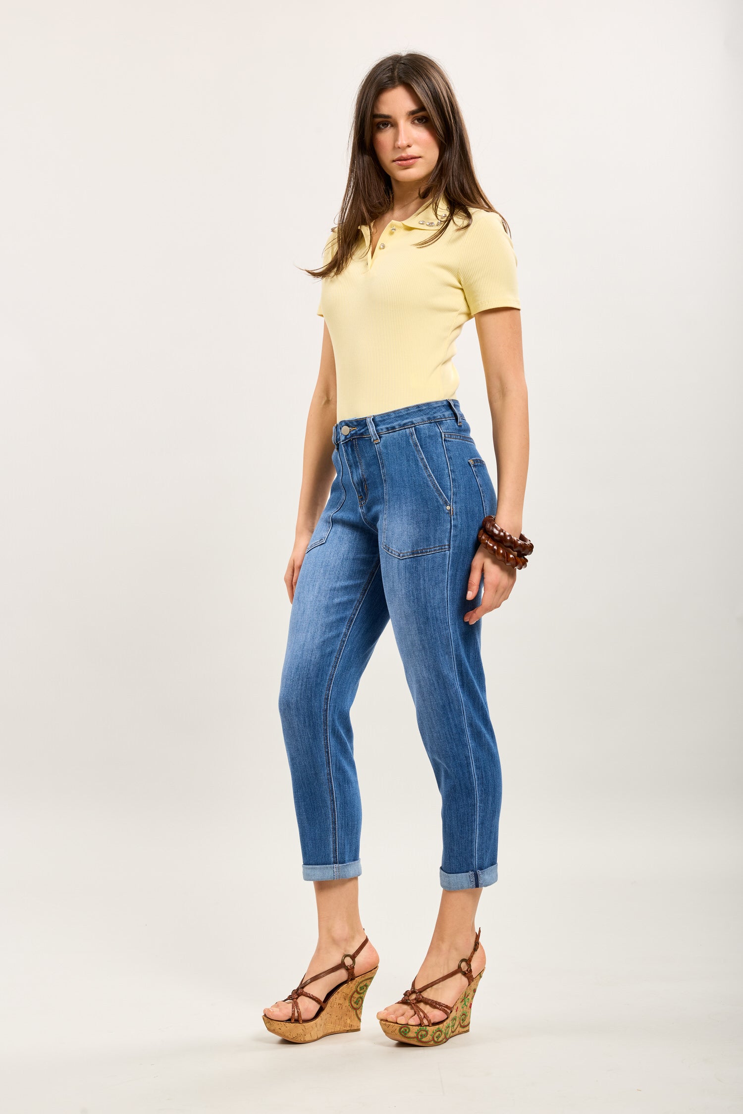 Toxik3 stretch denim mom pants with sunflower embroidered jacron detail