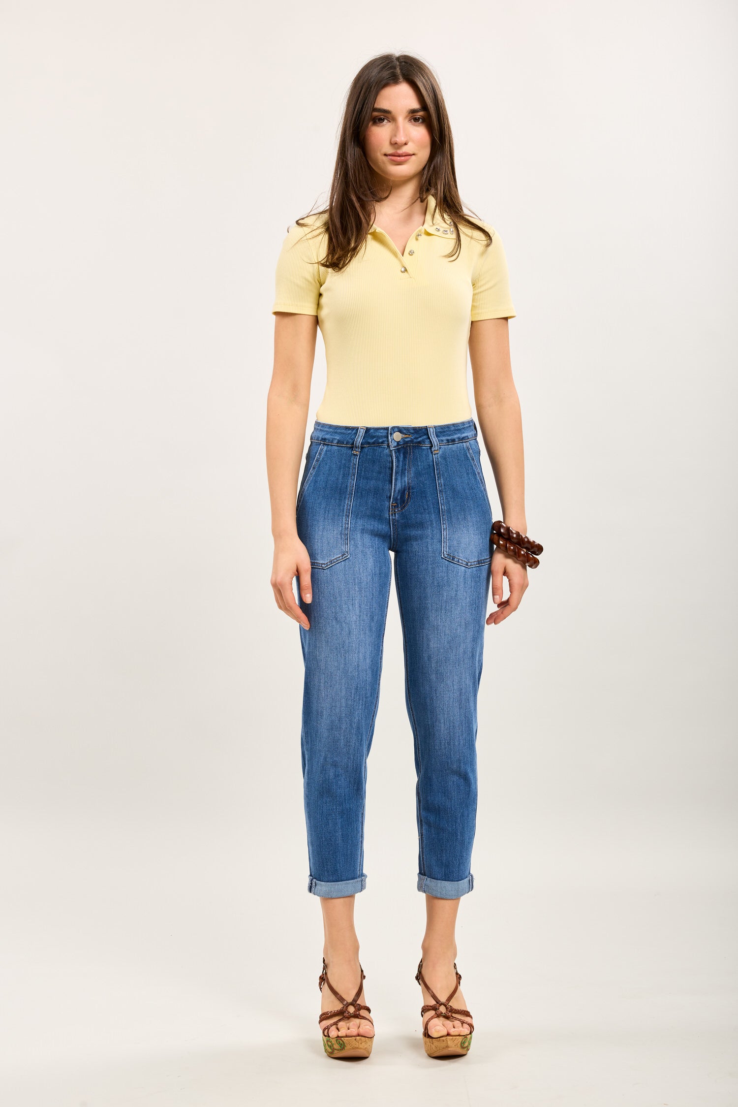 Toxik3 stretch denim mom pants with sunflower embroidered jacron detail