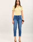 Toxik3 stretch denim mom pants with sunflower embroidered jacron detail