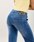 Toxik3 stretch denim mom pants with sunflower embroidered jacron detail