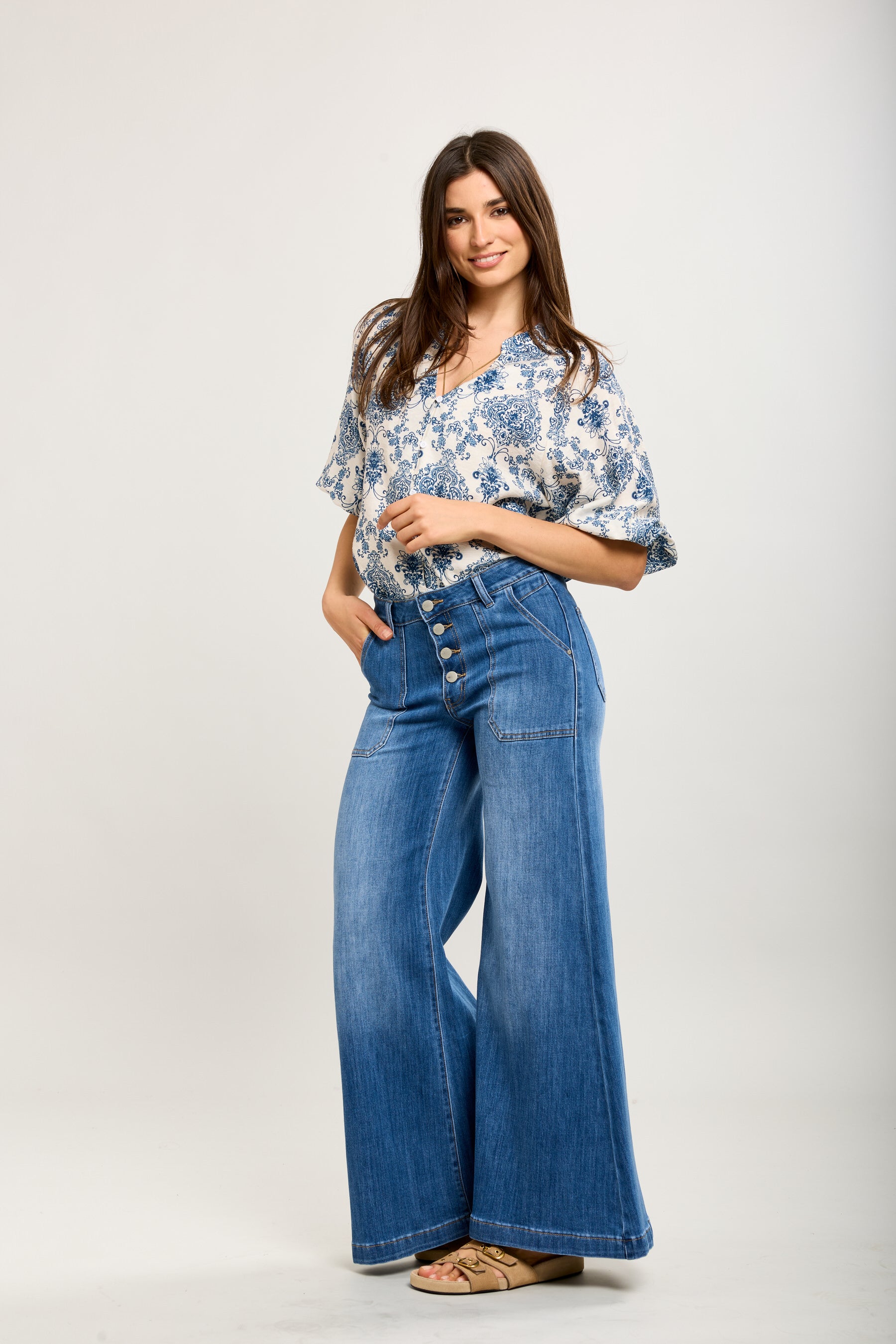 Toxik3 palazzo pants button closure patch pockets