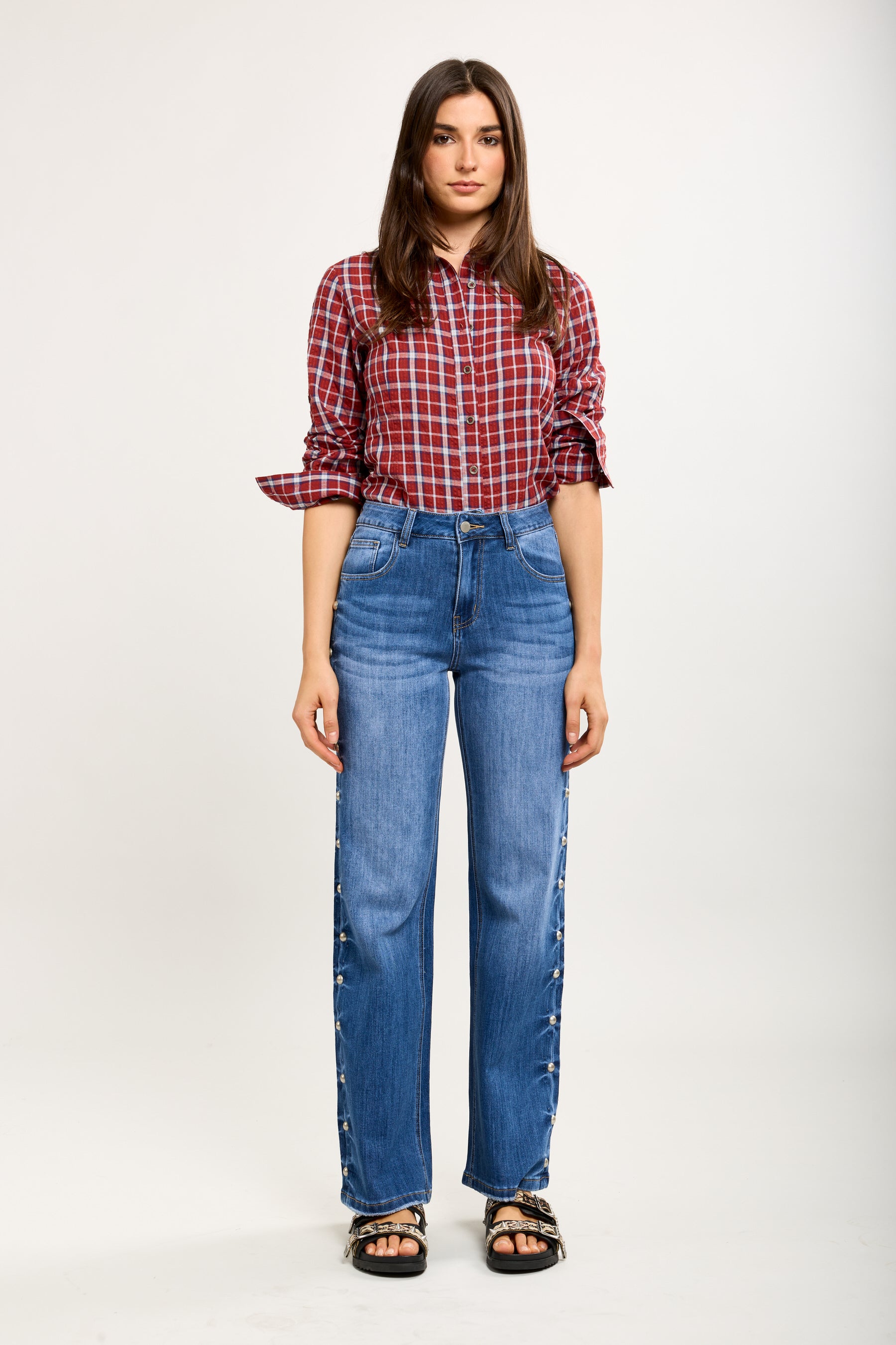 Toxik3 pantalon jean stretch flare détails boutons longueur