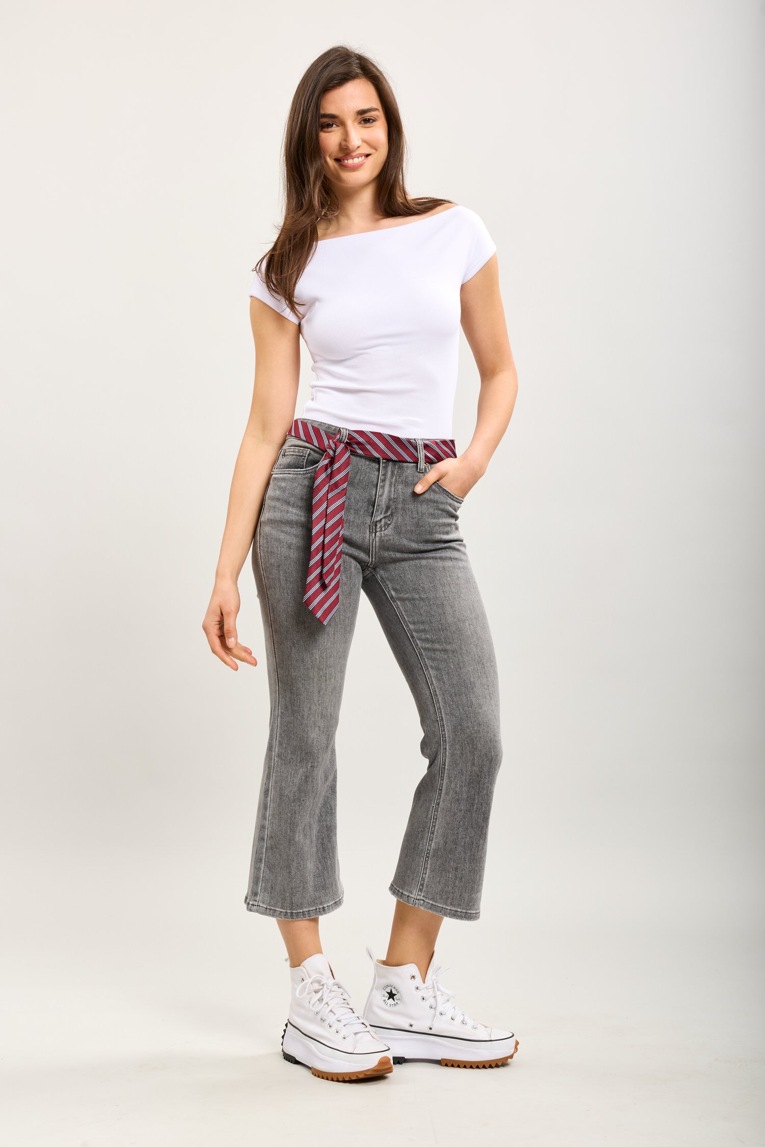 Toxik3 bootcut cropped denim pantalones vaqueros elásticos accesorio para corbata